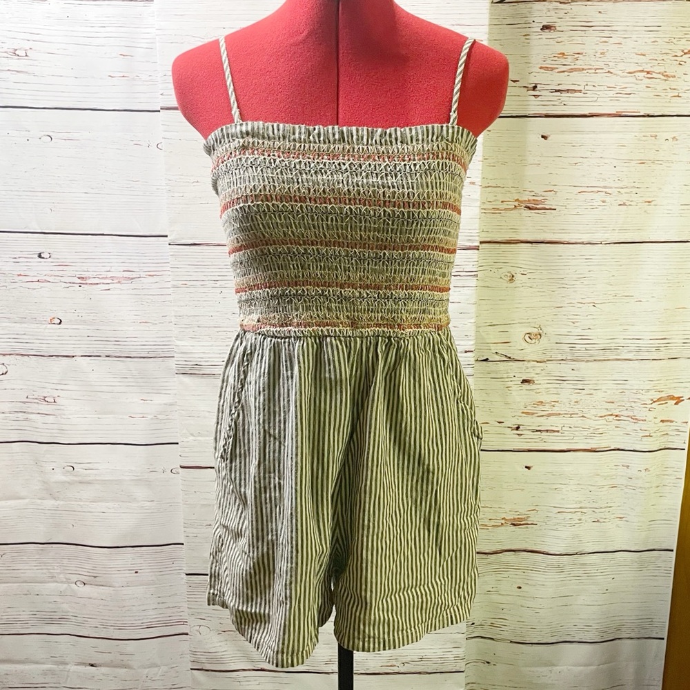 American Eagle Striped Embroidered Romper with Pockets/Removable Straps - size S